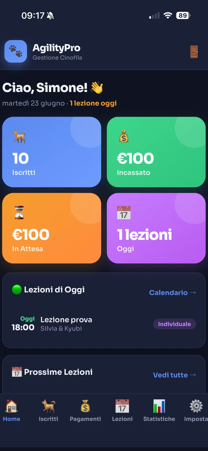 AgilityPro: la home con iscritti, incassi e lezioni
